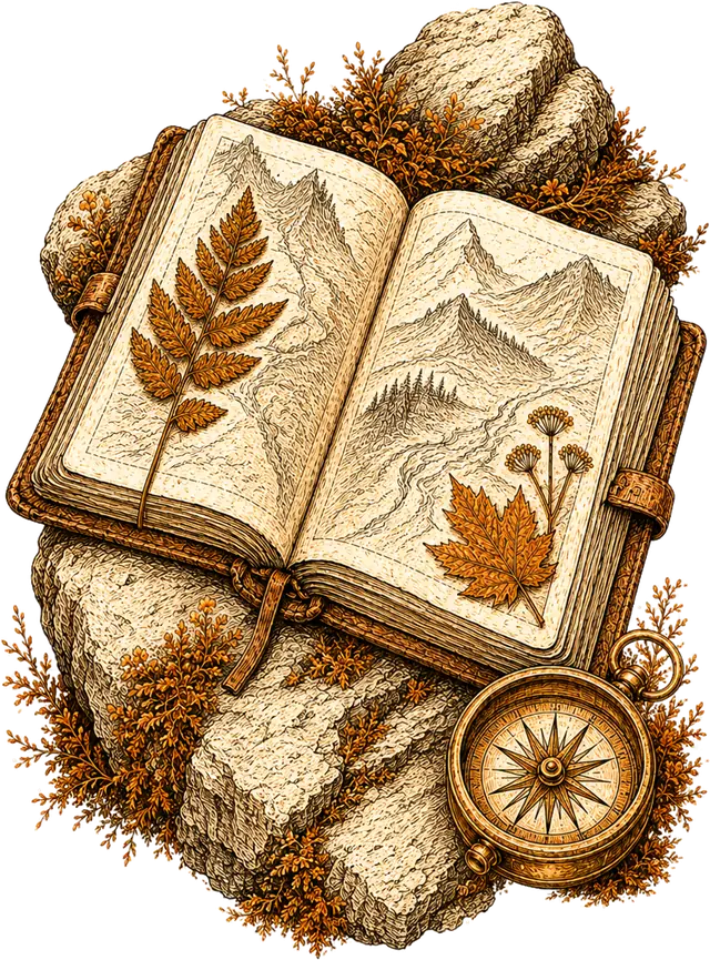 An open field journal with a pressed fern and autumn leaves, resting on a mossy stone beside a brass compass